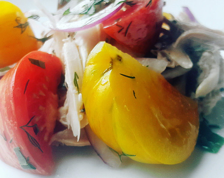 Roasted chicken heirloom tomato salad